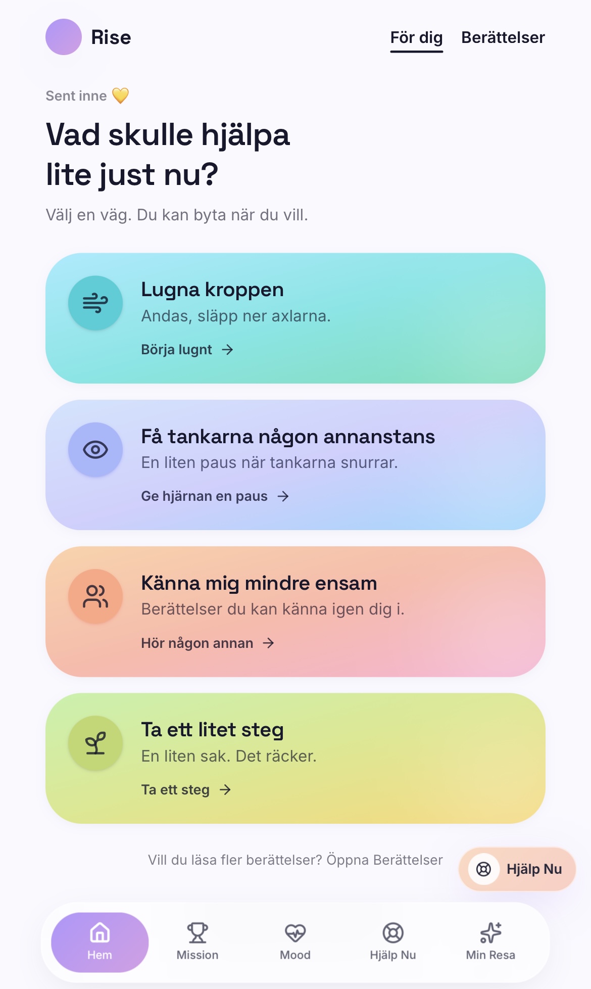 RISE-appens startvy med vägar till lugn, berättelser och ett litet steg.