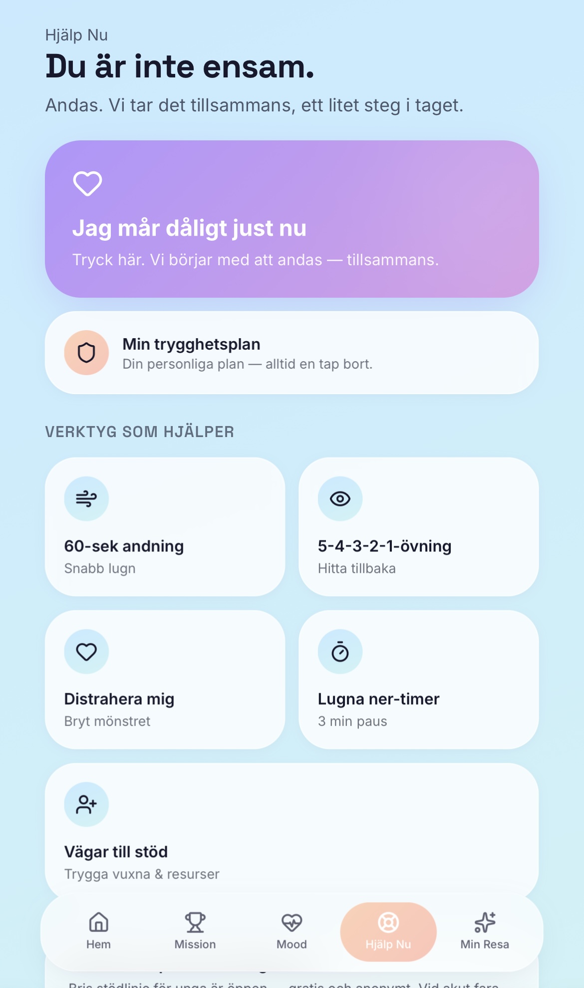 Hjälp Nu i RISE med andningsövning, trygghetsplan och vägar till stöd.