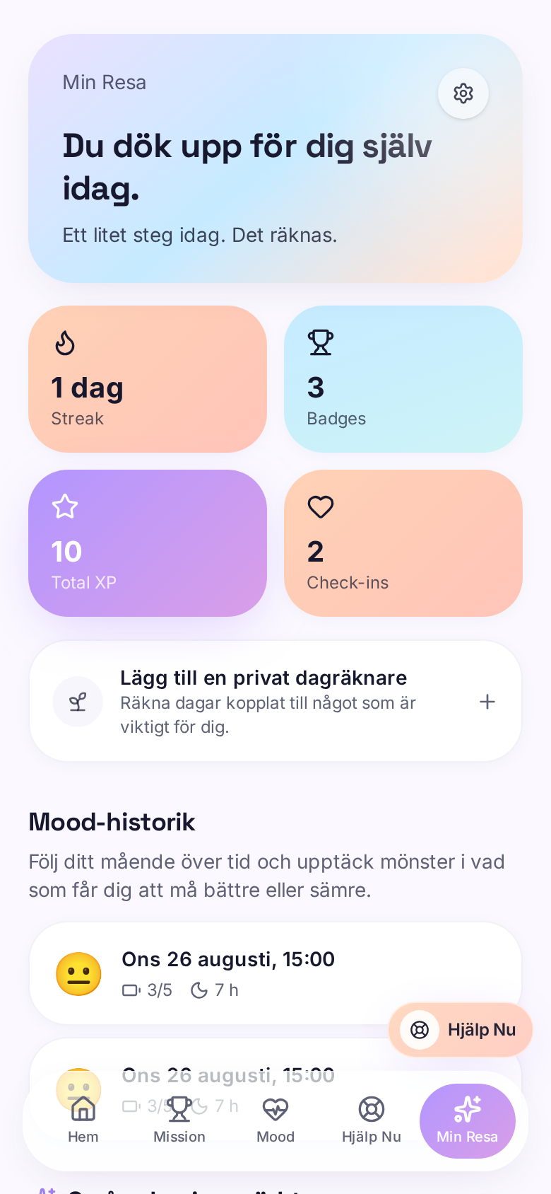 Min Resa i RISE med syntetisk historik över check-ins och framsteg.