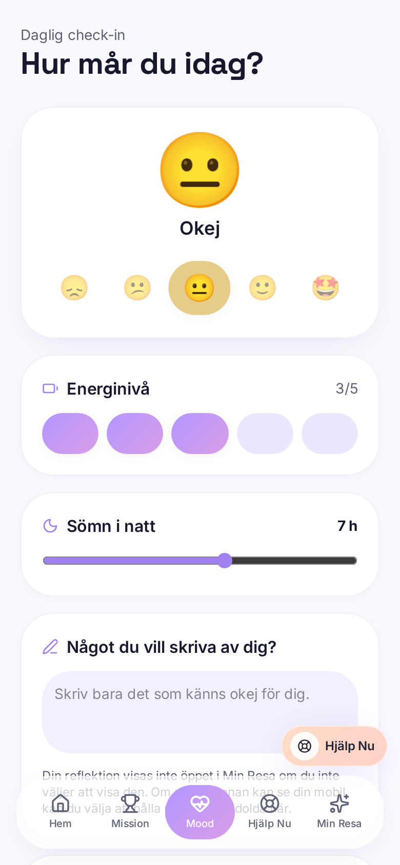 Mood Check-in i RISE med val för mående, energinivå och sömn.