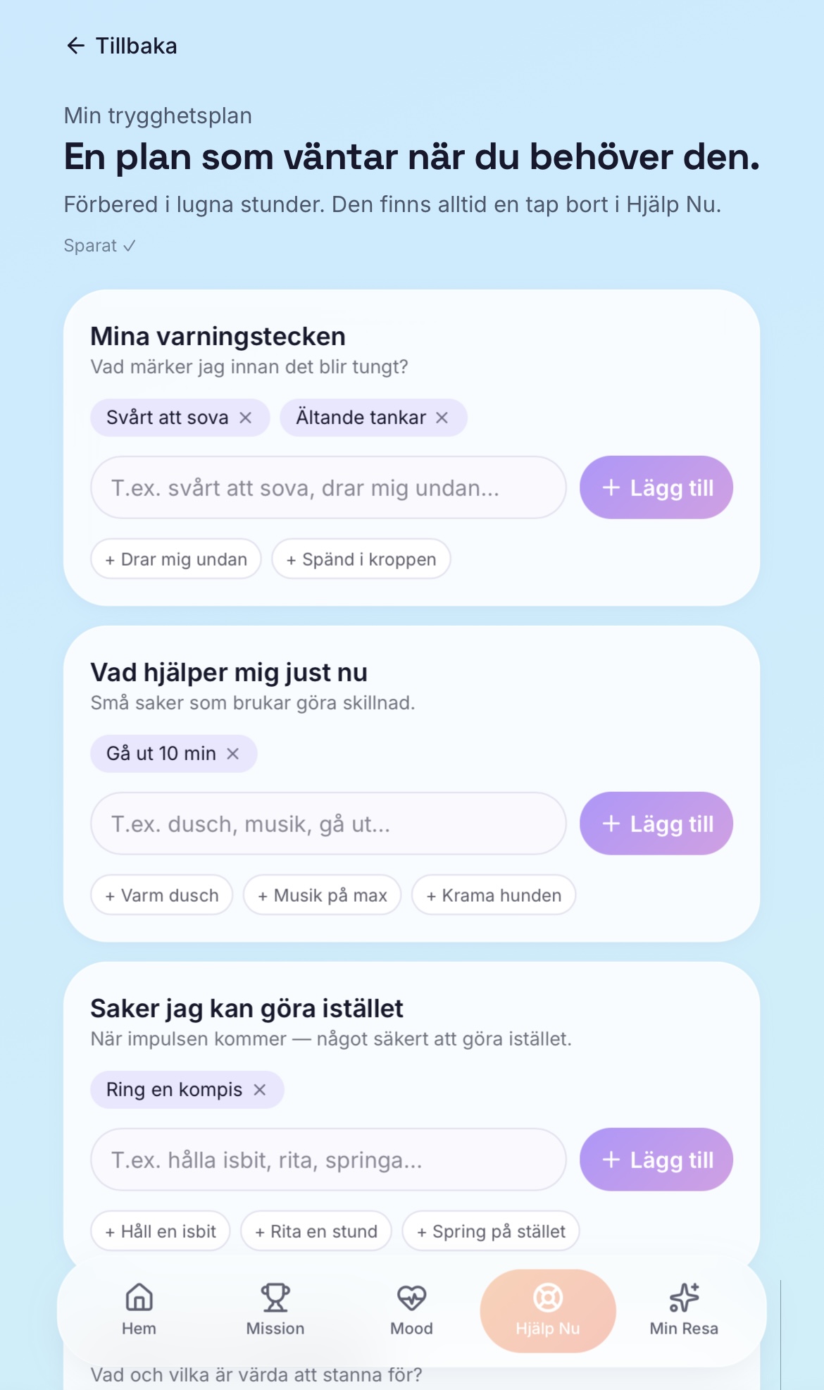 Trygghetsplan i RISE med syntetiska exempel på varningstecken och strategier.